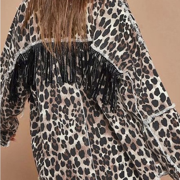 This stylish Leopard denim jacket is 🔥. Complete with fringe and sparkle. - Picture 2 of 4